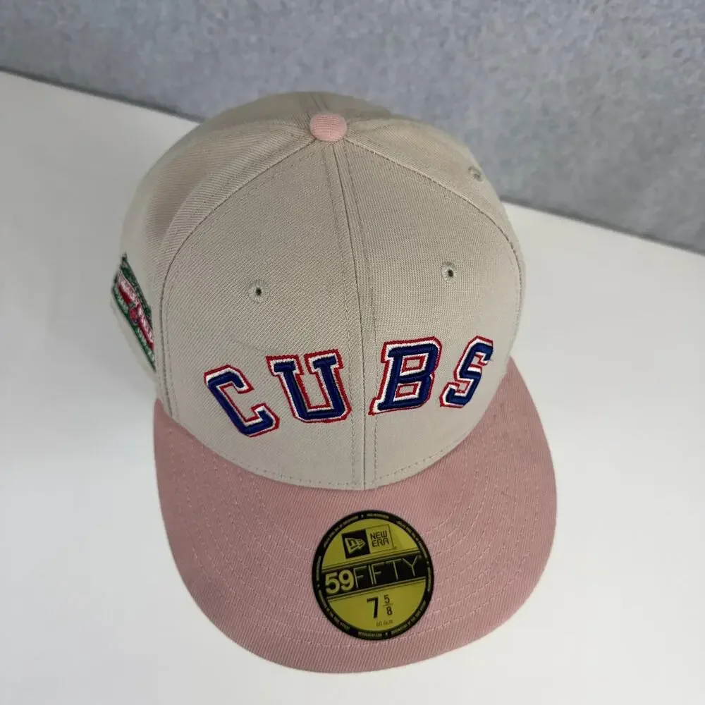 New Era 59FIFTY Chicago Cubs Hat 7 5/8 Tan Pink Cooperstown Wrigley Field 100 Yr